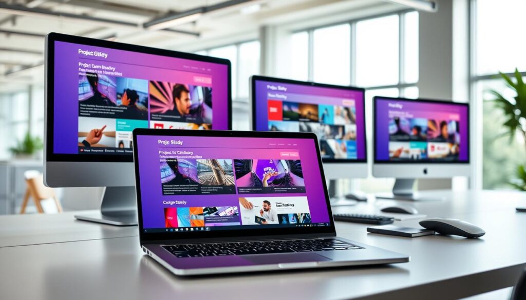 A polished digital workspace showcasing multiple case study website designs displayed on modern computer screens. In the foreground, a sleek desk with a high-end laptop opened to a vibrant project gallery interface, featuring detailed project summaries and stunning visuals. In the middle ground, additional monitors reveal a colorful grid layout of thumbnails and project highlights, showcasing user-friendly navigation and engaging design elements. The background consists of a bright, airy office space with large windows allowing soft, natural light to flood in, enhancing the professional atmosphere. The mood is inspiring and collaborative, inviting creativity and innovation. The scene is well-composed, shot from a slightly elevated angle to capture the workspace's depth and detail, emphasizing the importance of structure in presenting case studies. A polished digital workspace showcasing multiple case study website designs displayed on modern computer screens. In the foreground, a sleek desk with a high-end laptop opened to a vibrant project gallery interface, featuring detailed project summaries and stunning visuals. In the middle ground, additional monitors reveal a colorful grid layout of thumbnails and project highlights, showcasing user-friendly navigation and engaging design elements. The background consists of a bright, airy office space with large windows allowing soft, natural light to flood in, enhancing the professional atmosphere. The mood is inspiring and collaborative, inviting creativity and innovation. The scene is well-composed, shot from a slightly elevated angle to capture the workspace's depth and detail, emphasizing the importance of structure in presenting case studies.