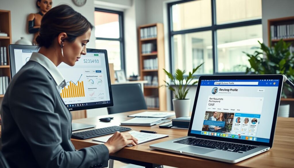 A professional accountant's office in a modern setting, focusing on a desktop computer displaying analytics and performance metrics of a landing page. In the foreground, a female accountant in business attire, intently analyzing the screen's data, with a look of concentration. In the middle ground, a sleek desk with financial documents, a calculator, and a laptop open to a Google Business Profile page. The background features a well-organized office with bookshelves filled with accounting books, a potted plant adding a touch of green, and a large window letting in natural light, creating a bright and inviting atmosphere. The scene captures a mood of professionalism and diligence, emphasizing the importance of measurement in local SEO for accountants. A professional accountant's office in a modern setting, focusing on a desktop computer displaying analytics and performance metrics of a landing page. In the foreground, a female accountant in business attire, intently analyzing the screen's data, with a look of concentration. In the middle ground, a sleek desk with financial documents, a calculator, and a laptop open to a Google Business Profile page. The background features a well-organized office with bookshelves filled with accounting books, a potted plant adding a touch of green, and a large window letting in natural light, creating a bright and inviting atmosphere. The scene captures a mood of professionalism and diligence, emphasizing the importance of measurement in local SEO for accountants.