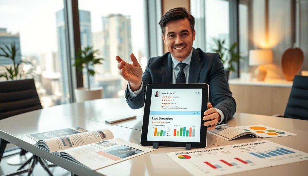 A professional and inviting office environment showcasing an array of marketing strategies for a commercial cleaning service. In the foreground, a confident business professional, dressed in smart business attire, gestures towards a digital tablet displaying positive customer reviews and ratings. The middle ground features a sleek conference table adorned with visually appealing brochures and charts illustrating lead generation techniques. In the background, a large window allows natural light to pour in, highlighting a view of a bustling city, enhancing the professional atmosphere. Soft, warm lighting creates an inviting mood. The camera angle focuses on the professional and the tablet, creating a sense of engagement and importance in the discussion of showcasing reviews effectively. A professional and inviting office environment showcasing an array of marketing strategies for a commercial cleaning service. In the foreground, a confident business professional, dressed in smart business attire, gestures towards a digital tablet displaying positive customer reviews and ratings. The middle ground features a sleek conference table adorned with visually appealing brochures and charts illustrating lead generation techniques. In the background, a large window allows natural light to pour in, highlighting a view of a bustling city, enhancing the professional atmosphere. Soft, warm lighting creates an inviting mood. The camera angle focuses on the professional and the tablet, creating a sense of engagement and importance in the discussion of showcasing reviews effectively.