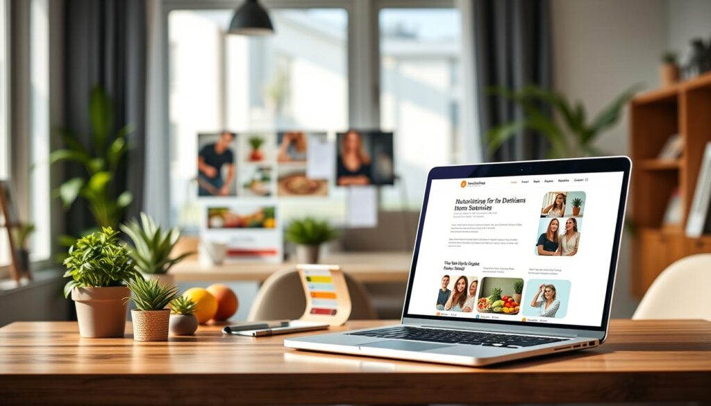 A professional and modern website design interface tailored for dietitians, featuring a clean layout with vibrant colors representing health and wellness. In the foreground, showcase a laptop displaying a beautifully designed website, consisting of nutrition-related images, easy-to-navigate menus, and engaging content sections. The middle layer incorporates a stylized desktop setup with potted plants, healthy food imagery, and design tools like a color palette and typography samples. The background captures a blurred home office environment with soft, natural light streaming in, imparting a warm and welcoming atmosphere. The overall mood should convey professionalism, creativity, and a focus on health, appealing directly to dietitians looking for website creation solutions. A professional and modern website design interface tailored for dietitians, featuring a clean layout with vibrant colors representing health and wellness. In the foreground, showcase a laptop displaying a beautifully designed website, consisting of nutrition-related images, easy-to-navigate menus, and engaging content sections. The middle layer incorporates a stylized desktop setup with potted plants, healthy food imagery, and design tools like a color palette and typography samples. The background captures a blurred home office environment with soft, natural light streaming in, imparting a warm and welcoming atmosphere. The overall mood should convey professionalism, creativity, and a focus on health, appealing directly to dietitians looking for website creation solutions.