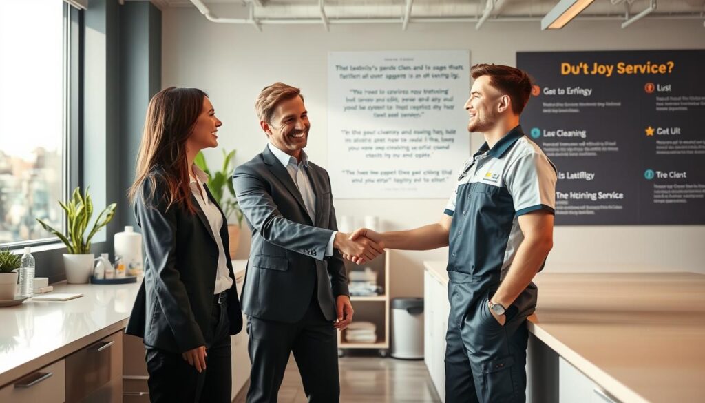 A professional business environment showcasing a commercial cleaner engaging with a facility manager. In the foreground, a neatly dressed facility manager, in a smart blazer and trousers, discussing cleaning service options with a cleaner in a branded uniform, both smiling and shaking hands. In the middle ground, a modern office setting with gleaming surfaces, well-organized cleaning supplies, and a large window that lets in natural light, creating a bright atmosphere. In the background, a wall with a promotional display of various cleaning services and satisfied client testimonials. The angle is slightly low, emphasizing a sense of collaboration and professionalism, with warm lighting that conveys trust and reliability. A professional business environment showcasing a commercial cleaner engaging with a facility manager. In the foreground, a neatly dressed facility manager, in a smart blazer and trousers, discussing cleaning service options with a cleaner in a branded uniform, both smiling and shaking hands. In the middle ground, a modern office setting with gleaming surfaces, well-organized cleaning supplies, and a large window that lets in natural light, creating a bright atmosphere. In the background, a wall with a promotional display of various cleaning services and satisfied client testimonials. The angle is slightly low, emphasizing a sense of collaboration and professionalism, with warm lighting that conveys trust and reliability.