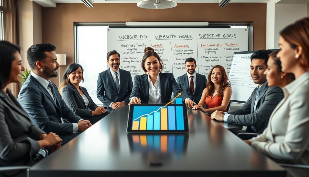 A professional business meeting in a modern office space, showcasing diverse individuals in smart business attire gathered around a large, sleek conference table. In the foreground, a confident woman gestures towards a digital tablet displaying upward-trending graphs symbolizing business growth. The middle section features a large window with natural light pouring in, illuminating the room and creating a warm yet professional atmosphere. Behind the group, a whiteboard filled with strategic goals and bullet points outlines the alignment of website goals with business objectives. The background includes tasteful decor and a cityscape view, enhancing the theme of progress and ambition. The mood is optimistic and focused, emphasizing collaboration and forward-thinking strategies. Soft lighting enhances the professionalism of the scene, captured with a slight depth of field to emphasize the people in focus. A professional business meeting in a modern office space, showcasing diverse individuals in smart business attire gathered around a large, sleek conference table. In the foreground, a confident woman gestures towards a digital tablet displaying upward-trending graphs symbolizing business growth. The middle section features a large window with natural light pouring in, illuminating the room and creating a warm yet professional atmosphere. Behind the group, a whiteboard filled with strategic goals and bullet points outlines the alignment of website goals with business objectives. The background includes tasteful decor and a cityscape view, enhancing the theme of progress and ambition. The mood is optimistic and focused, emphasizing collaboration and forward-thinking strategies. Soft lighting enhances the professionalism of the scene, captured with a slight depth of field to emphasize the people in focus.