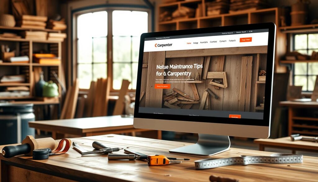 A professional carpenter’s business website layout displayed on a large computer screen in a cozy workshop. In the foreground, there is a wooden workbench with tools like chisels, a saw, and a measuring tape, showcasing the craftsmanship. The screen features a sleek, modern website design, emphasizing a blog section with maintenance tips for carpentry, a portfolio of projects, and contact details. The middle ground has wooden shelves filled with neatly organized materials, while the background shows large windows allowing natural light to flood the space. The scene is warm and inviting, with a focus on professionalism and creativity, captured in a slightly angled shot to emphasize depth. Soft, natural lighting adds a tranquil atmosphere to the setting. A professional carpenter’s business website layout displayed on a large computer screen in a cozy workshop. In the foreground, there is a wooden workbench with tools like chisels, a saw, and a measuring tape, showcasing the craftsmanship. The screen features a sleek, modern website design, emphasizing a blog section with maintenance tips for carpentry, a portfolio of projects, and contact details. The middle ground has wooden shelves filled with neatly organized materials, while the background shows large windows allowing natural light to flood the space. The scene is warm and inviting, with a focus on professionalism and creativity, captured in a slightly angled shot to emphasize depth. Soft, natural lighting adds a tranquil atmosphere to the setting.