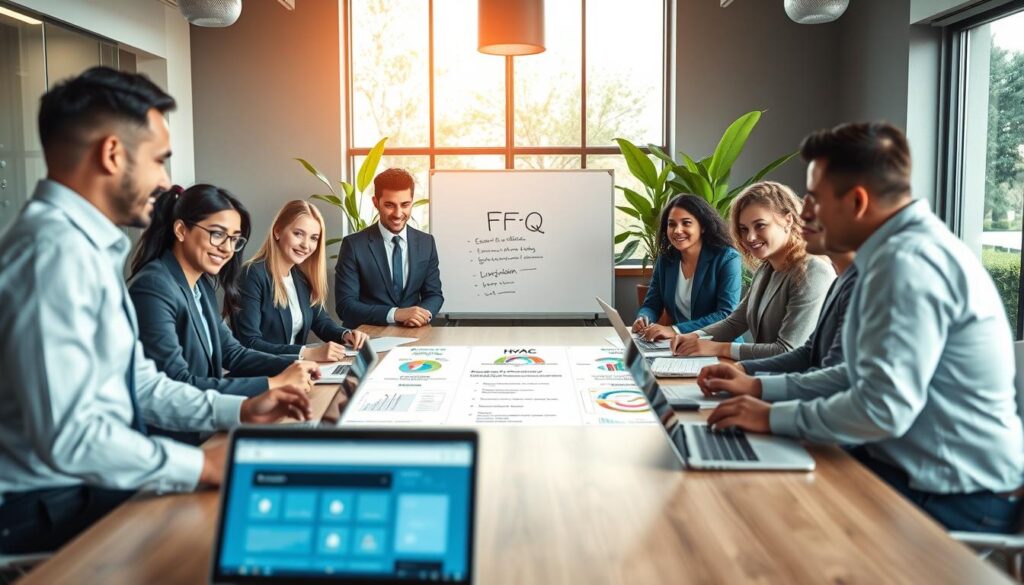 A professional digital marketing scene tailored for HVAC businesses, showcasing a modern office environment. In the foreground, a diverse team of professionals, dressed in smart business attire, collaborates around a large conference table with laptops and digital devices displaying HVAC analytics and website designs. In the middle ground, a digital whiteboard presents a well-organized FAQ format. The background features a large window with natural sunlight streaming in, illuminating the room and highlighting green plants that add a touch of freshness. The atmosphere is focused and innovative, emphasizing teamwork and professionalism in digital marketing. The scene is captured with a wide-angle lens to create depth, showcasing the synergy within the team while ensuring clarity in the elements displayed. A professional digital marketing scene tailored for HVAC businesses, showcasing a modern office environment. In the foreground, a diverse team of professionals, dressed in smart business attire, collaborates around a large conference table with laptops and digital devices displaying HVAC analytics and website designs. In the middle ground, a digital whiteboard presents a well-organized FAQ format. The background features a large window with natural sunlight streaming in, illuminating the room and highlighting green plants that add a touch of freshness. The atmosphere is focused and innovative, emphasizing teamwork and professionalism in digital marketing. The scene is captured with a wide-angle lens to create depth, showcasing the synergy within the team while ensuring clarity in the elements displayed.