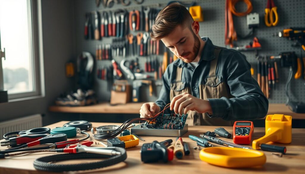 A professional electrician in a modern workshop, focused on wiring a circuit board, is depicted in the foreground, showcasing their meticulous work. In the middle ground, tools such as wire strippers, multimeters, and safety gear are neatly arranged on a workbench, highlighting the essential equipment for aspiring electricians. The background features an organized tool wall with various hand tools and electrical components, emphasizing a dedicated workspace. Soft, warm lighting creates a focused atmosphere, casting gentle shadows that enhance the details of the scene. The angle is slightly elevated, offering a clear view of both the electrician's actions and the tools, conveying a sense of professionalism and seriousness about the trade. The mood is industrious yet inviting, inspiring viewers to pursue a career in the electrical field. A professional electrician in a modern workshop, focused on wiring a circuit board, is depicted in the foreground, showcasing their meticulous work. In the middle ground, tools such as wire strippers, multimeters, and safety gear are neatly arranged on a workbench, highlighting the essential equipment for aspiring electricians. The background features an organized tool wall with various hand tools and electrical components, emphasizing a dedicated workspace. Soft, warm lighting creates a focused atmosphere, casting gentle shadows that enhance the details of the scene. The angle is slightly elevated, offering a clear view of both the electrician's actions and the tools, conveying a sense of professionalism and seriousness about the trade. The mood is industrious yet inviting, inspiring viewers to pursue a career in the electrical field.