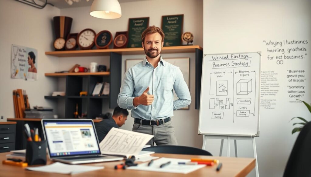 A professional electrician in smart casual attire stands confidently in a modern, well-lit office, surrounded by blueprints and electrical tools. The foreground features a neatly arranged desk with a laptop displaying a business strategy document. In the middle, the electrician gestures toward a wall with a whiteboard filled with diagrams and growth strategies, illustrating their expertise. The background shows shelves adorned with industry awards and inspiring quotes about business growth in the electrical field. The lighting is bright and inviting, creating a motivational atmosphere. A slight depth of field blurs the background, focusing on the electrician as the central figure, emphasizing their role as a knowledgeable advisor. A professional electrician in smart casual attire stands confidently in a modern, well-lit office, surrounded by blueprints and electrical tools. The foreground features a neatly arranged desk with a laptop displaying a business strategy document. In the middle, the electrician gestures toward a wall with a whiteboard filled with diagrams and growth strategies, illustrating their expertise. The background shows shelves adorned with industry awards and inspiring quotes about business growth in the electrical field. The lighting is bright and inviting, creating a motivational atmosphere. A slight depth of field blurs the background, focusing on the electrician as the central figure, emphasizing their role as a knowledgeable advisor.