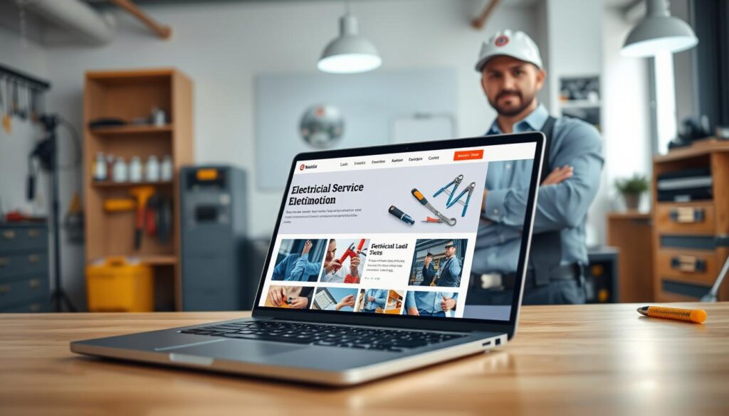 A professional electrician's workspace emphasizing online presence. In the foreground, a laptop displays a well-designed electrician website with vibrant visuals of electrical services, tools, and testimonials. A confident electrician in professional business attire stands beside the laptop, engaging with the content on the screen. In the middle ground, neatly organized tools and electrical equipment hint at quality service offerings. The background showcases a clean, modern office with soft ambient lighting highlighting the website's elements, creating an inviting atmosphere. The overall mood is professional and approachable, suggesting an effective online strategy for attracting leads. The angle is slightly elevated, capturing both the laptop and the electrician's engagement with the content vividly. A professional electrician's workspace emphasizing online presence. In the foreground, a laptop displays a well-designed electrician website with vibrant visuals of electrical services, tools, and testimonials. A confident electrician in professional business attire stands beside the laptop, engaging with the content on the screen. In the middle ground, neatly organized tools and electrical equipment hint at quality service offerings. The background showcases a clean, modern office with soft ambient lighting highlighting the website's elements, creating an inviting atmosphere. The overall mood is professional and approachable, suggesting an effective online strategy for attracting leads. The angle is slightly elevated, capturing both the laptop and the electrician's engagement with the content vividly.