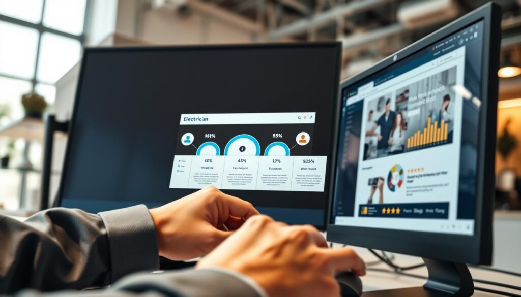 A professional electrician's workspace, featuring a computer screen displaying a well-designed website interface optimized for user experience. In the foreground, a close-up of a person's hands, wearing modest business attire, navigating the website with a mouse, showcasing tools like clear call-to-action buttons and efficient layout. In the middle, a visually engaging diagram illustrating website analytics and conversion rates, with icons representing user engagement. The background shows a bright, modern office environment with warm lighting, emphasizing a welcoming atmosphere. The mood is professional and focused, highlighting the importance of effective website optimization in securing client inquiries for electricians. A professional electrician's workspace, featuring a computer screen displaying a well-designed website interface optimized for user experience. In the foreground, a close-up of a person's hands, wearing modest business attire, navigating the website with a mouse, showcasing tools like clear call-to-action buttons and efficient layout. In the middle, a visually engaging diagram illustrating website analytics and conversion rates, with icons representing user engagement. The background shows a bright, modern office environment with warm lighting, emphasizing a welcoming atmosphere. The mood is professional and focused, highlighting the importance of effective website optimization in securing client inquiries for electricians.