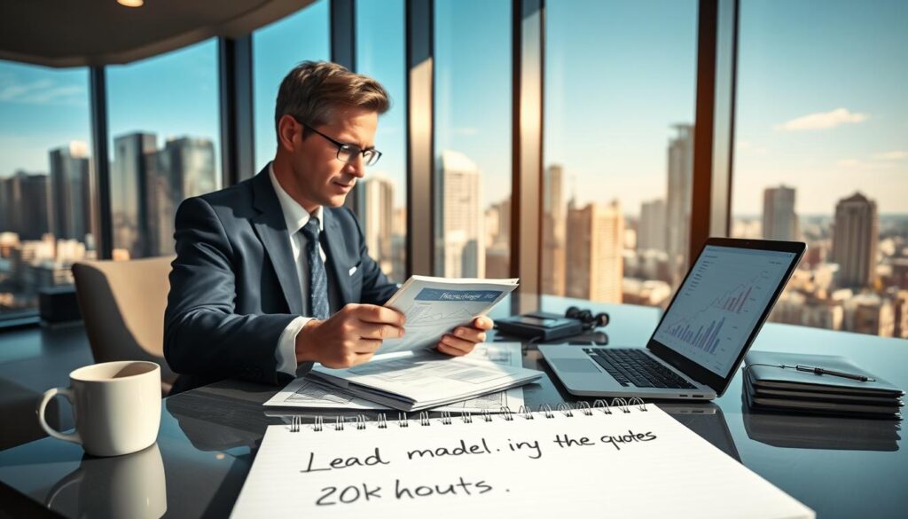 A professional engineer in a modern office environment, sitting at a sleek desk cluttered with architectural plans and a laptop displaying graphs of incoming leads. The engineer, a middle-aged Caucasian male in smart business attire, is focused intently on a digital tablet, analyzing data. In the background, large windows show a bustling cityscape with a clear blue sky, suggesting a thriving business atmosphere. Soft, warm lighting illuminates the scene, creating an inviting and productive mood. The foreground features a notepad with neatly written notes on lead management strategies and a coffee cup, emphasizing the theme of efficiency and organization in handling quotes. The image conveys professionalism, innovation, and clarity. A professional engineer in a modern office environment, sitting at a sleek desk cluttered with architectural plans and a laptop displaying graphs of incoming leads. The engineer, a middle-aged Caucasian male in smart business attire, is focused intently on a digital tablet, analyzing data. In the background, large windows show a bustling cityscape with a clear blue sky, suggesting a thriving business atmosphere. Soft, warm lighting illuminates the scene, creating an inviting and productive mood. The foreground features a notepad with neatly written notes on lead management strategies and a coffee cup, emphasizing the theme of efficiency and organization in handling quotes. The image conveys professionalism, innovation, and clarity.