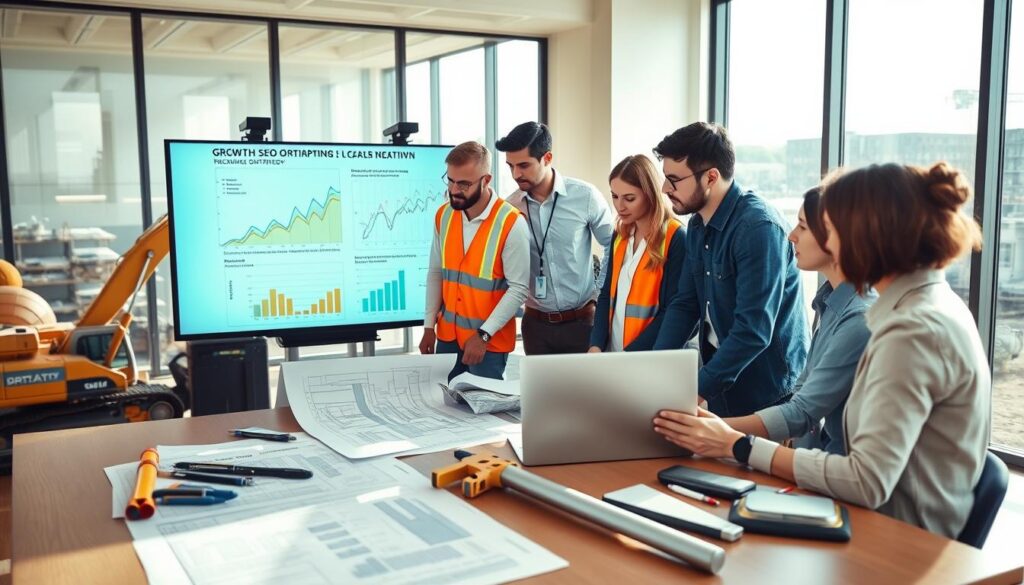 A professional excavation business team in a modern office setting, analyzing blueprints and growth strategy charts on a large screen, with a focus on local SEO optimization. In the foreground, a diverse group of workers dressed in smart casual attire, engaged in a discussion over a laptop and printed documents, surrounded by construction tools and equipment. In the middle ground, detailed visuals of excavation machinery and project plans on a table, emphasizing growth and strategy. The background features a large window with a view of a construction site, bright natural lighting flooding the room, casting soft shadows. The atmosphere is focused and collaborative, reflecting professionalism and innovation in the excavation industry. A professional excavation business team in a modern office setting, analyzing blueprints and growth strategy charts on a large screen, with a focus on local SEO optimization. In the foreground, a diverse group of workers dressed in smart casual attire, engaged in a discussion over a laptop and printed documents, surrounded by construction tools and equipment. In the middle ground, detailed visuals of excavation machinery and project plans on a table, emphasizing growth and strategy. The background features a large window with a view of a construction site, bright natural lighting flooding the room, casting soft shadows. The atmosphere is focused and collaborative, reflecting professionalism and innovation in the excavation industry.