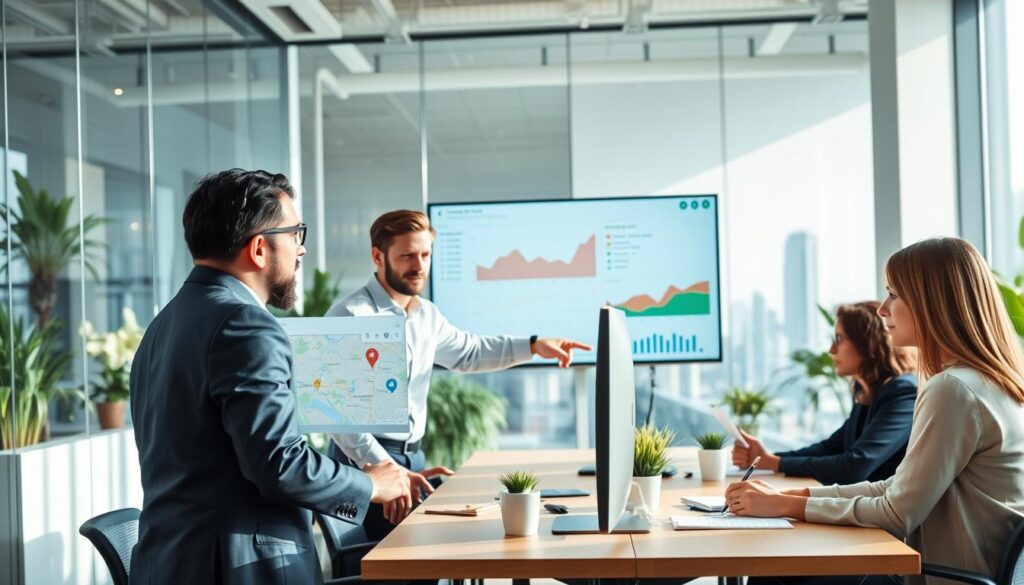 A professional marketing meeting in a modern office setting, where a diverse group of experts collaborates on Google Maps strategies for local SEO. The foreground features two individuals in business attire, one pointing at a computer screen displaying Google Maps, while the other takes notes. In the middle ground, a large wall-mounted monitor shows analytics related to local search success. The background is a bright, open office space with glass walls, plants, and city views visible through the windows, creating an atmosphere of innovation and teamwork. Soft, natural lighting enhances the scene, with a focus on teamwork and collaboration. The angle captures the action and engagement of the group, suggesting a vibrant approach to local search marketing. A professional marketing meeting in a modern office setting, where a diverse group of experts collaborates on Google Maps strategies for local SEO. The foreground features two individuals in business attire, one pointing at a computer screen displaying Google Maps, while the other takes notes. In the middle ground, a large wall-mounted monitor shows analytics related to local search success. The background is a bright, open office space with glass walls, plants, and city views visible through the windows, creating an atmosphere of innovation and teamwork. Soft, natural lighting enhances the scene, with a focus on teamwork and collaboration. The angle captures the action and engagement of the group, suggesting a vibrant approach to local search marketing.