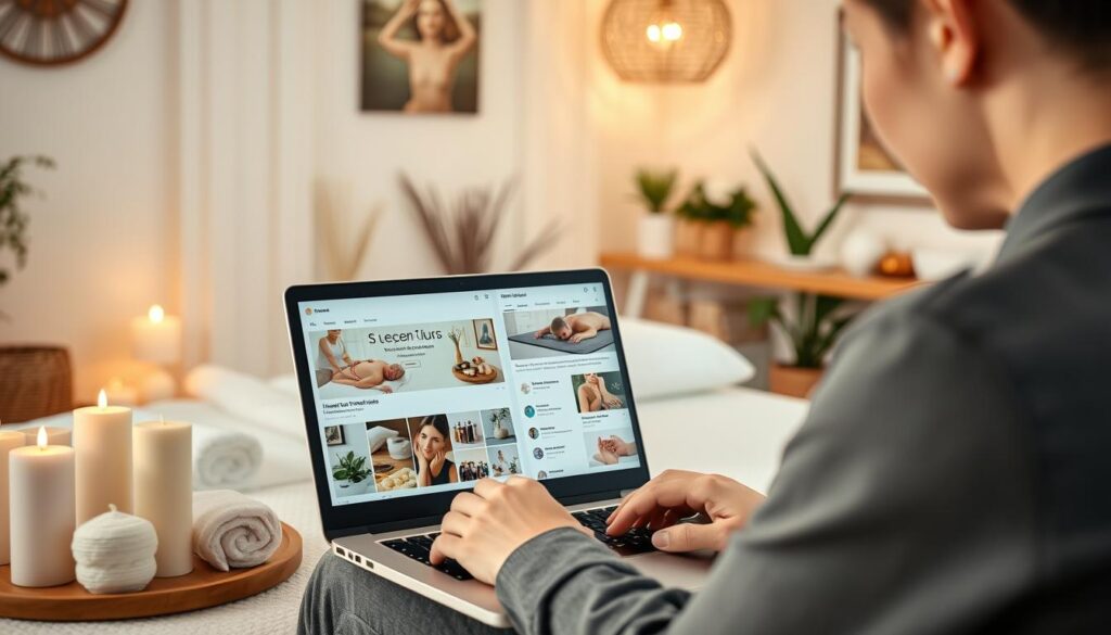 A professional massage therapist working on their laptop in a cozy, well-decorated massage studio. In the foreground, the therapist, dressed in smart business casual attire, is intently focused on social media channels, showcasing their website on the screen with images of massages and wellness tips. In the middle ground, elegant massage elements like scented candles, essential oils, and soft towels are reflected. The background features serene decor with warm lighting, potted plants, and soothing artwork on the walls, creating a calming atmosphere. The scene evokes a sense of professionalism and tranquility, highlighting the importance of social media in promoting wellness services. Soft, natural lighting enhances the inviting mood. A professional massage therapist working on their laptop in a cozy, well-decorated massage studio. In the foreground, the therapist, dressed in smart business casual attire, is intently focused on social media channels, showcasing their website on the screen with images of massages and wellness tips. In the middle ground, elegant massage elements like scented candles, essential oils, and soft towels are reflected. The background features serene decor with warm lighting, potted plants, and soothing artwork on the walls, creating a calming atmosphere. The scene evokes a sense of professionalism and tranquility, highlighting the importance of social media in promoting wellness services. Soft, natural lighting enhances the inviting mood.