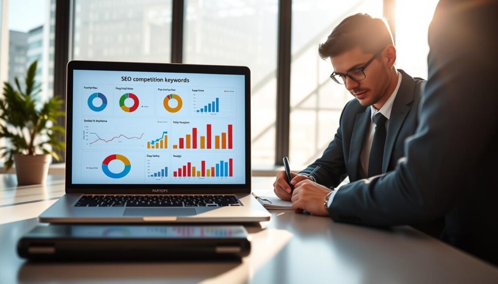 A professional, modern office setting showcasing a clean desk with a laptop displaying graphs and analytics related to SEO keyword research. In the foreground, a person in professional business attire, focused and writing notes, symbolizing their SEO journey. In the middle ground, charts on the laptop screen emphasize "low competition keywords," with colorful pie charts and bar graphs showing trends. The background features large windows with natural light pouring in, casting soft shadows, creating a bright and motivational atmosphere. The mood is one of determination and professionalism, embodying the theme of seeking expert guidance in SEO strategies, with a focus on collaboration and success.