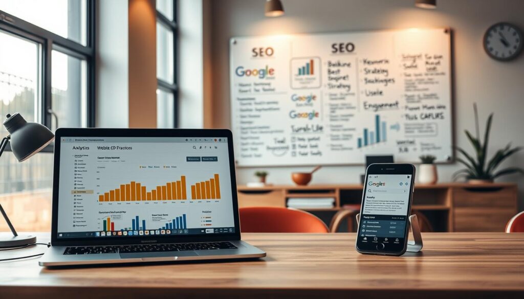 A professional, modern workspace displaying website best practices for SEO. In the foreground, a sleek laptop open to a website analytics page, with colorful graphs and metrics highlighting SEO performance. Beside it, an organized desk with a smartphone showing a search engine results page, emphasizing mobile optimization. In the middle, a wall chart or whiteboard filled with keywords, backlinks strategies, and user engagement tips, all in an elegant and minimalistic style. The background features large windows allowing natural light to stream in, illuminating the clutter-free, inviting atmosphere. Use a warm color palette with soft transitions to create a focused yet approachable mood. The scene should evoke a sense of professionalism and creativity in the realm of digital marketing and website optimization. A professional, modern workspace displaying website best practices for SEO. In the foreground, a sleek laptop open to a website analytics page, with colorful graphs and metrics highlighting SEO performance. Beside it, an organized desk with a smartphone showing a search engine results page, emphasizing mobile optimization. In the middle, a wall chart or whiteboard filled with keywords, backlinks strategies, and user engagement tips, all in an elegant and minimalistic style. The background features large windows allowing natural light to stream in, illuminating the clutter-free, inviting atmosphere. Use a warm color palette with soft transitions to create a focused yet approachable mood. The scene should evoke a sense of professionalism and creativity in the realm of digital marketing and website optimization.