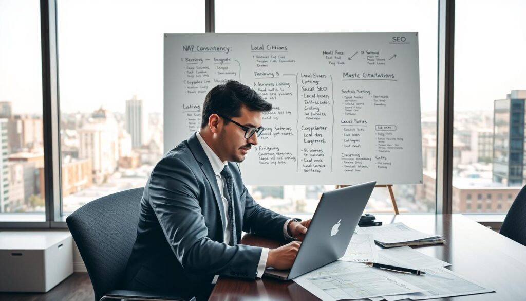A professional mortgage broker sitting at a modern office desk, reviewing local SEO strategies on a laptop. In the foreground, the broker is dressed in smart business attire, surrounded by paperwork that includes maps, local business listings, and citation strategies. The middle ground features a large whiteboard filled with notes and diagrams related to NAP consistency and local citations. In the background, large windows let in soft natural light, illuminating a bustling cityscape, symbolizing a local community engaged in real estate. The atmosphere is focused and productive, with a hint of optimism for business growth through effective SEO practices. The image is well-lit with a balanced composition, showcasing professionalism and dedication. A professional mortgage broker sitting at a modern office desk, reviewing local SEO strategies on a laptop. In the foreground, the broker is dressed in smart business attire, surrounded by paperwork that includes maps, local business listings, and citation strategies. The middle ground features a large whiteboard filled with notes and diagrams related to NAP consistency and local citations. In the background, large windows let in soft natural light, illuminating a bustling cityscape, symbolizing a local community engaged in real estate. The atmosphere is focused and productive, with a hint of optimism for business growth through effective SEO practices. The image is well-lit with a balanced composition, showcasing professionalism and dedication.