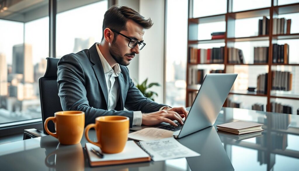 A professional mortgage broker sitting at a sleek, modern desk, focused intently on writing a blog post on a laptop. The foreground features a warm coffee cup and a notepad filled with brainstorming ideas. In the middle, soundproof glass windows reveal a cityscape, filling the room with natural light while a bookshelf filled with finance and mortgage-related books creates a backdrop. The atmosphere conveys productivity and creativity, with subtle lighting emphasizing the broker's concentration. The broker, dressed in smart business attire, appears engaged and inspired, reflecting the importance of crafting engaging content. The scene is dynamic yet calm, promoting a professional air that resonates with the mortgage industry. A professional mortgage broker sitting at a sleek, modern desk, focused intently on writing a blog post on a laptop. The foreground features a warm coffee cup and a notepad filled with brainstorming ideas. In the middle, soundproof glass windows reveal a cityscape, filling the room with natural light while a bookshelf filled with finance and mortgage-related books creates a backdrop. The atmosphere conveys productivity and creativity, with subtle lighting emphasizing the broker's concentration. The broker, dressed in smart business attire, appears engaged and inspired, reflecting the importance of crafting engaging content. The scene is dynamic yet calm, promoting a professional air that resonates with the mortgage industry.