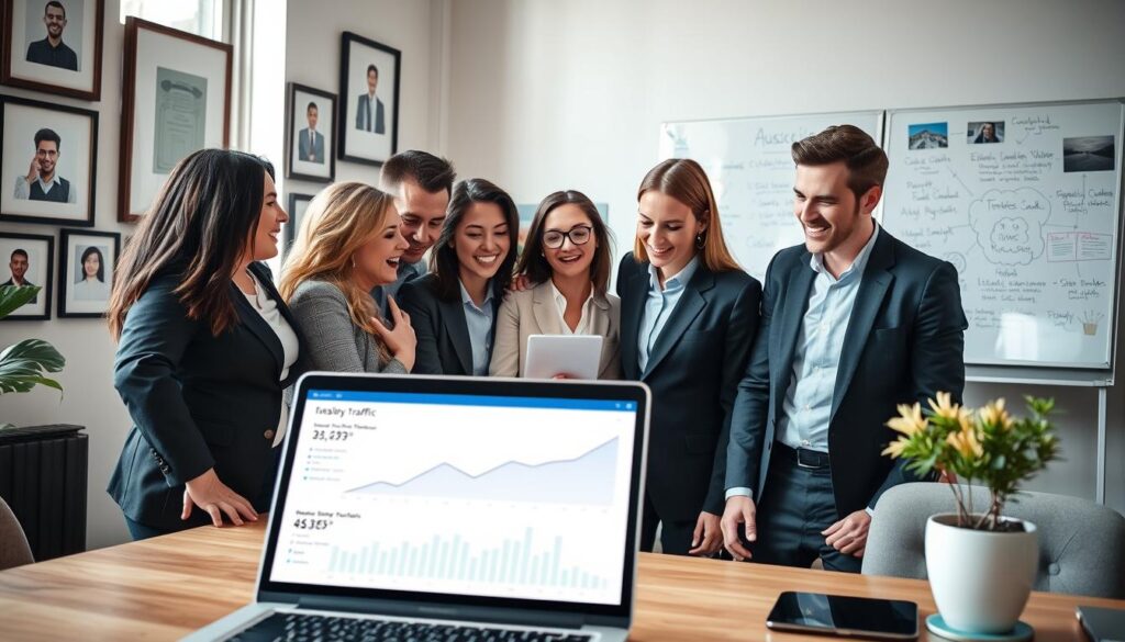 A professional office environment featuring a diverse group of individuals in business attire gathered around a laptop, enthusiastically reviewing an upward-trending analytics graph. In the foreground, a close-up of the laptop screen displays increasing website traffic statistics and positive customer reviews. In the middle ground, team members are engaged in discussions, showcasing expressions of excitement and collaboration. The background includes framed photographs of satisfied clients and a whiteboard filled with strategic marketing ideas. Soft, natural lighting filters through a window, casting a warm glow, while an atmosphere of productivity and professionalism permeates the scene, emphasizing the importance of social proof and a strong online reputation for commercial cleaners. A professional office environment featuring a diverse group of individuals in business attire gathered around a laptop, enthusiastically reviewing an upward-trending analytics graph. In the foreground, a close-up of the laptop screen displays increasing website traffic statistics and positive customer reviews. In the middle ground, team members are engaged in discussions, showcasing expressions of excitement and collaboration. The background includes framed photographs of satisfied clients and a whiteboard filled with strategic marketing ideas. Soft, natural lighting filters through a window, casting a warm glow, while an atmosphere of productivity and professionalism permeates the scene, emphasizing the importance of social proof and a strong online reputation for commercial cleaners.