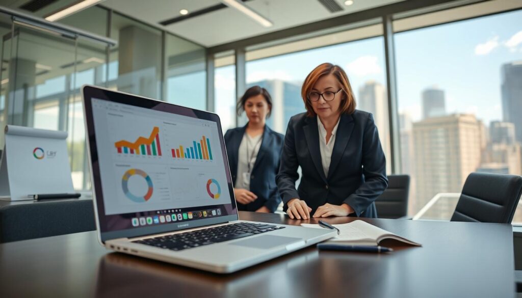 A professional office environment showcasing an attorney’s workspace set in a modern law firm. In the foreground, a laptop on a sleek desk displays an online lead management system with colorful graphs and statistics. A notepad and pen lie nearby, symbolizing active engagement. In the middle, a business-clad lawyer, a middle-aged woman with short brown hair, is intently analyzing the data on the screen, wearing a smart blazer and glasses, with a focused expression. In the background, large windows fill the room with natural light, revealing a bustling cityscape. The atmosphere is vibrant yet professional, conveying a sense of success and modernity in the legal field. The image is well-lit, emphasizing clarity and professionalism, with a slightly angled view to give depth. A professional office environment showcasing an attorney’s workspace set in a modern law firm. In the foreground, a laptop on a sleek desk displays an online lead management system with colorful graphs and statistics. A notepad and pen lie nearby, symbolizing active engagement. In the middle, a business-clad lawyer, a middle-aged woman with short brown hair, is intently analyzing the data on the screen, wearing a smart blazer and glasses, with a focused expression. In the background, large windows fill the room with natural light, revealing a bustling cityscape. The atmosphere is vibrant yet professional, conveying a sense of success and modernity in the legal field. The image is well-lit, emphasizing clarity and professionalism, with a slightly angled view to give depth.