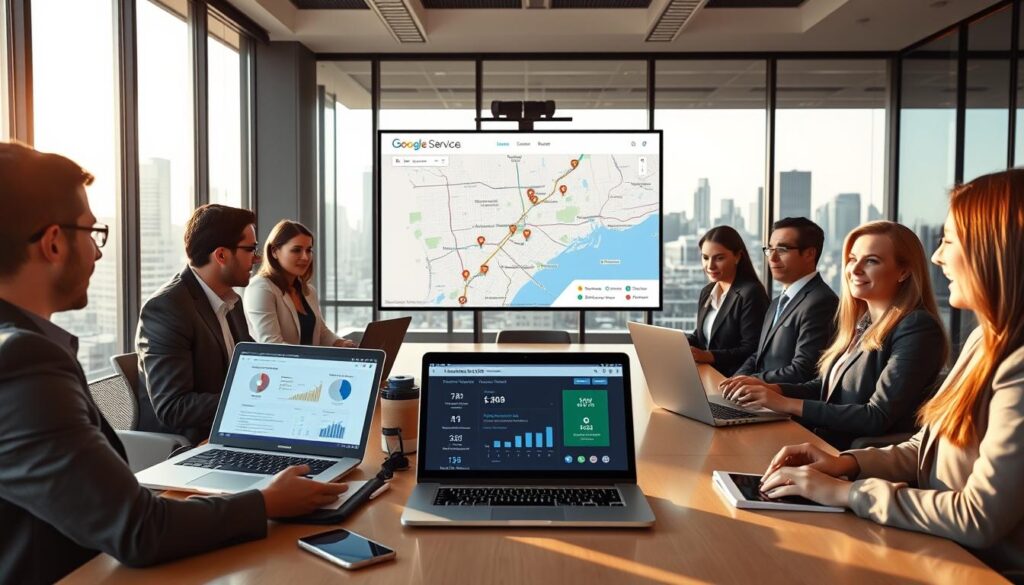 A professional office setting showcasing a local SEO analysis for commercial cleaning companies. In the foreground, a diverse group of business professionals in business attire is gathered around a modern conference table with laptops and digital tablets displaying local SEO data and charts. The middle of the image features a large screen with a map pinpointing local cleaning service areas, strategically highlighting neighborhoods. The background includes glass windows with a view of a city skyline, bathed in soft afternoon light. The ambiance is collaborative and focused, conveying ambition and strategic planning. The composition uses a wide-angle lens, capturing the teamwork and dynamic atmosphere of the meeting. A professional office setting showcasing a local SEO analysis for commercial cleaning companies. In the foreground, a diverse group of business professionals in business attire is gathered around a modern conference table with laptops and digital tablets displaying local SEO data and charts. The middle of the image features a large screen with a map pinpointing local cleaning service areas, strategically highlighting neighborhoods. The background includes glass windows with a view of a city skyline, bathed in soft afternoon light. The ambiance is collaborative and focused, conveying ambition and strategic planning. The composition uses a wide-angle lens, capturing the teamwork and dynamic atmosphere of the meeting.