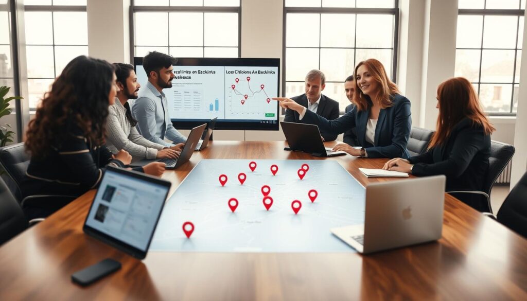 A professional office setting with a diverse group of businesspeople collaborating around a large wooden table, examining charts and graphs on laptops. In the foreground, a confident woman in business attire is pointing to a visual representation of local citations and backlinks on a digital screen. The middle ground shows a digital map with location markers and arrows illustrating connections between businesses, symbolizing authority. The background features large windows with soft natural light streaming in, creating a warm and inviting atmosphere. The mood is focused and productive, with a hint of optimism about the growth of local businesses. Use a slightly elevated angle to capture the collaboration and the screens effectively, enhancing the professional vibe of the scene.