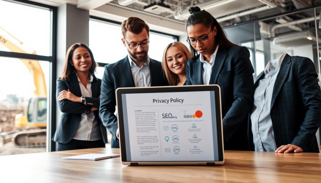 A professional office space featuring an excavation company team collaborating over a laptop displaying a digital privacy policy document. The foreground includes three diverse team members in professional business attire, engaged in discussion and analysis. In the middle, the laptop is open, showing a clear, modern design with infographics related to SEO optimization tools. The background displays a large window with a view of construction equipment and an excavation site under bright, natural lighting. The atmosphere is focused and productive, conveying a sense of professionalism and teamwork. The camera angle is slightly elevated, capturing both the team and the dynamic office environment, emphasizing the importance of privacy policies in generating leads for excavation companies. A professional office space featuring an excavation company team collaborating over a laptop displaying a digital privacy policy document. The foreground includes three diverse team members in professional business attire, engaged in discussion and analysis. In the middle, the laptop is open, showing a clear, modern design with infographics related to SEO optimization tools. The background displays a large window with a view of construction equipment and an excavation site under bright, natural lighting. The atmosphere is focused and productive, conveying a sense of professionalism and teamwork. The camera angle is slightly elevated, capturing both the team and the dynamic office environment, emphasizing the importance of privacy policies in generating leads for excavation companies.