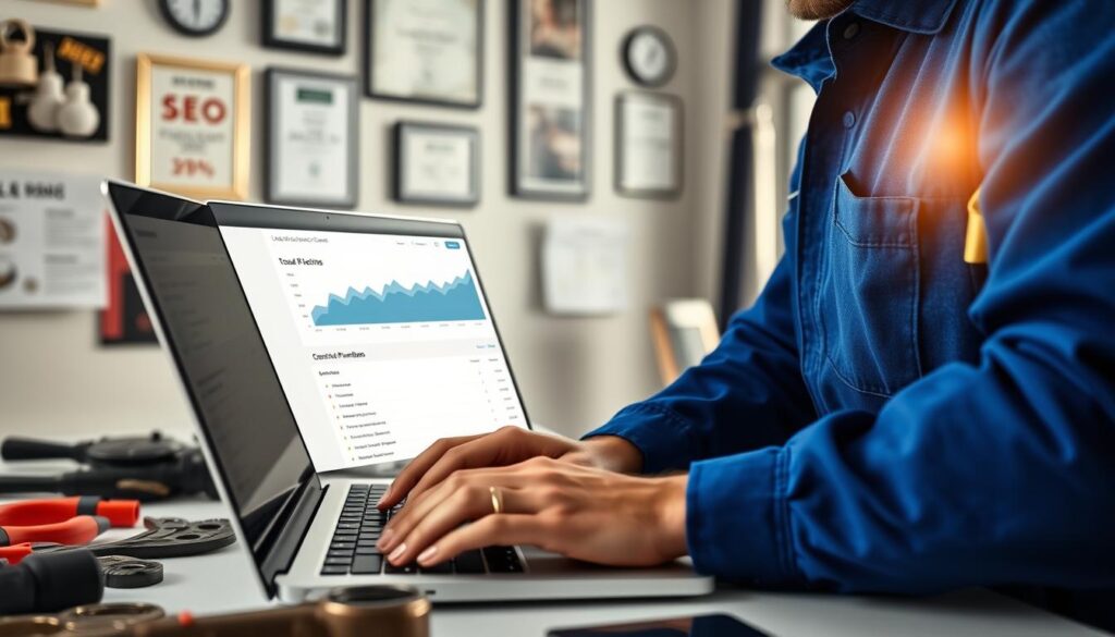 A professional plumber in a neat blue uniform, examining a laptop screen displaying SEO analytics for local search optimization. In the foreground, the plumber's hands are on the keyboard, with plumbing tools scattered around a clean, organized workspace. The middle background features a wall adorned with certificates and a calendar indicating local events. The background shows a window with natural light pouring in, illuminating the scene and creating a warm, inviting atmosphere. A soft-focus image of a local city skyline can be seen through the window, suggesting a focus on community. The overall mood is one of professionalism and dedication to the craft, emphasizing the importance of backlinks in search engine visibility. The composition captures a balance between the technical and practical aspects of plumber SEO. A professional plumber in a neat blue uniform, examining a laptop screen displaying SEO analytics for local search optimization. In the foreground, the plumber's hands are on the keyboard, with plumbing tools scattered around a clean, organized workspace. The middle background features a wall adorned with certificates and a calendar indicating local events. The background shows a window with natural light pouring in, illuminating the scene and creating a warm, inviting atmosphere. A soft-focus image of a local city skyline can be seen through the window, suggesting a focus on community. The overall mood is one of professionalism and dedication to the craft, emphasizing the importance of backlinks in search engine visibility. The composition captures a balance between the technical and practical aspects of plumber SEO.