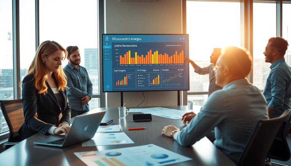 A professional setting depicting a diverse group of engineers collaboratively discussing local SEO strategies. In the foreground, a woman in business attire types on a laptop, while a man gestures toward a large digital screen displaying a positive online review analytics dashboard. In the middle ground, a conference table is covered with charts and graphs related to reputation management and reviews. In the background, large windows allow natural light to flood the room, casting a warm atmosphere. The image should capture a dynamic and focused mood, with soft lighting emphasizing the importance of collaboration and strategy in optimizing for local search. Use a wide-angle lens to create depth and interest, ensuring the environment reflects a modern office space.