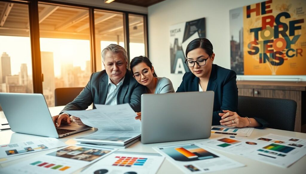 A professional setting showcasing a diverse group of individuals seated around a modern conference table, each assessing web design proposals. In the foreground, a middle-aged Caucasian man in business attire reviews a laptop screen, while a young Hispanic woman takes notes, her glasses perched on her nose. The background features a large window letting in warm, natural light, illuminating a dynamic cityscape. Various design portfolios and visual wireframes are spread out on the table, depicting vibrant colors and creative layouts. On the walls, inspirational artwork related to technology and creativity enhances the atmosphere, evoking a sense of collaboration and decision-making. The mood is serious yet innovative, focusing on evaluating pricing structures and budget considerations in web design. A professional setting showcasing a diverse group of individuals seated around a modern conference table, each assessing web design proposals. In the foreground, a middle-aged Caucasian man in business attire reviews a laptop screen, while a young Hispanic woman takes notes, her glasses perched on her nose. The background features a large window letting in warm, natural light, illuminating a dynamic cityscape. Various design portfolios and visual wireframes are spread out on the table, depicting vibrant colors and creative layouts. On the walls, inspirational artwork related to technology and creativity enhances the atmosphere, evoking a sense of collaboration and decision-making. The mood is serious yet innovative, focusing on evaluating pricing structures and budget considerations in web design.