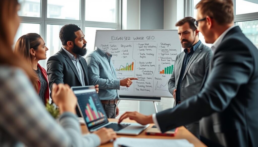 A professional setting showcasing a group of diverse electricians discussing strategies for affordable SEO in a bright, modern office. In the foreground, two electricians in smart business attire are engaged in a brainstorming session, pointing at a large laptop screen displaying colorful graphs and analytics. In the middle ground, there’s a whiteboard filled with keywords and SEO strategies specifically tailored for electricians. The background features windows with natural light pouring in, creating an inviting, collaborative atmosphere. The scene conveys a mood of growth and partnership, emphasizing teamwork and innovation. Soft, diffused lighting highlights the technical details on the screen, while a shallow depth of field keeps the focus on the electricians and their discussion.