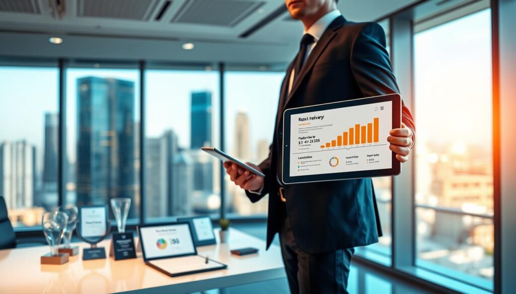 A professional surveyor stands in the foreground, holding a digital tablet displaying positive review metrics, dressed in smart business attire. In the middle ground, a modern office environment is visible with charts and graphs illustrating the rise in leads due to customer reviews. Several awards and certificates related to customer satisfaction are subtly present on a sleek desk. The background features large windows showcasing a cityscape, illuminated by warm, natural light that creates an inviting atmosphere. The scene conveys a sense of success and professionalism, emphasizing the importance of customer feedback in the surveying business. The perspective captures the focus on both the surveyor and the positive data they are reviewing, highlighting a successful case study in lead generation through reviews. A professional surveyor stands in the foreground, holding a digital tablet displaying positive review metrics, dressed in smart business attire. In the middle ground, a modern office environment is visible with charts and graphs illustrating the rise in leads due to customer reviews. Several awards and certificates related to customer satisfaction are subtly present on a sleek desk. The background features large windows showcasing a cityscape, illuminated by warm, natural light that creates an inviting atmosphere. The scene conveys a sense of success and professionalism, emphasizing the importance of customer feedback in the surveying business. The perspective captures the focus on both the surveyor and the positive data they are reviewing, highlighting a successful case study in lead generation through reviews.