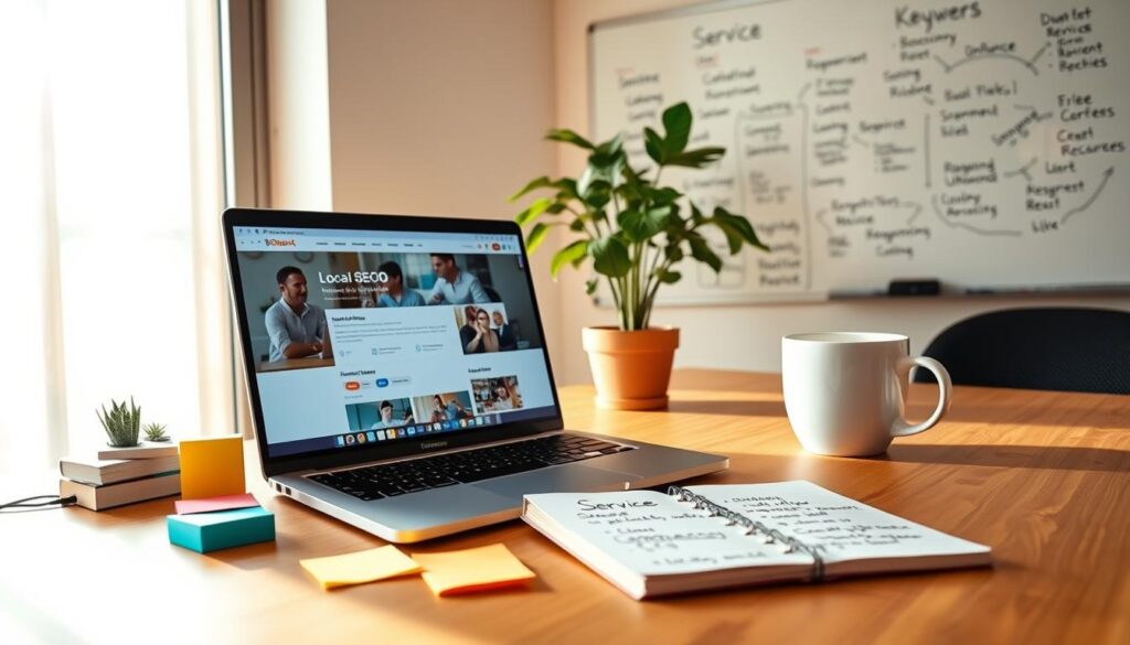 A professional workspace focusing on local SEO optimization, featuring a clean desk with a laptop displaying a well-structured website layout. In the foreground, there are colorful sticky notes and a notepad with handwritten service descriptions. The middle ground showcases a potted plant and a steaming coffee mug, enhancing the cozy atmosphere. In the background, a whiteboard is filled with diagrams and keywords related to local SEO strategies. The lighting is warm and inviting, simulating a sunny afternoon, with soft shadows cast by the objects. The camera angle is slightly elevated, capturing the essence of a productive, creative environment. The overall mood is focused and inspiring, emphasizing creativity in enhancing online visibility for local services. A professional workspace focusing on local SEO optimization, featuring a clean desk with a laptop displaying a well-structured website layout. In the foreground, there are colorful sticky notes and a notepad with handwritten service descriptions. The middle ground showcases a potted plant and a steaming coffee mug, enhancing the cozy atmosphere. In the background, a whiteboard is filled with diagrams and keywords related to local SEO strategies. The lighting is warm and inviting, simulating a sunny afternoon, with soft shadows cast by the objects. The camera angle is slightly elevated, capturing the essence of a productive, creative environment. The overall mood is focused and inspiring, emphasizing creativity in enhancing online visibility for local services.