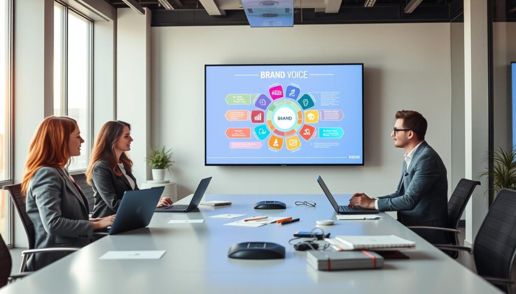 A professional workspace scene focused on maintaining brand voice and preventing NLP mistakes. In the foreground, a diverse group of three business professionals—two women and one man—are engaged in a collaborative discussion around a sleek conference table cluttered with laptops and notepads. The women wear smart business attire, while the man sports a smart-casual look. In the middle, a large digital screen displays a colorful infographic illustrating concepts of brand voice and authenticity, showcasing vibrant colors and clear visuals. In the background, tall windows allow soft, natural light to illuminate the room, creating a warm and inviting atmosphere. The mood is focused and creative, reflecting teamwork and determination to uphold brand integrity. The camera angle is slightly elevated, providing a clear view of all participants and the screen’s content. A professional workspace scene focused on maintaining brand voice and preventing NLP mistakes. In the foreground, a diverse group of three business professionals—two women and one man—are engaged in a collaborative discussion around a sleek conference table cluttered with laptops and notepads. The women wear smart business attire, while the man sports a smart-casual look. In the middle, a large digital screen displays a colorful infographic illustrating concepts of brand voice and authenticity, showcasing vibrant colors and clear visuals. In the background, tall windows allow soft, natural light to illuminate the room, creating a warm and inviting atmosphere. The mood is focused and creative, reflecting teamwork and determination to uphold brand integrity. The camera angle is slightly elevated, providing a clear view of all participants and the screen’s content.