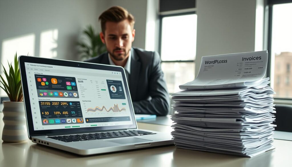 A professional workspace showcasing the costs associated with WordPress plugin management. In the foreground, an open laptop displays an intricate WordPress dashboard filled with colorful plugin icons, charts, and cost estimates. To the right, a stack of invoices and receipts related to plugin expenses is neatly arranged. In the middle, a business professional dressed in smart casual attire studies the laptop screen, appearing engaged and thoughtful. The background features a serene office setting, with a window allowing natural light to illuminate the space, casting soft shadows. A potted plant on the desk adds a touch of greenery, contributing to a calm and productive atmosphere. The mood is focused, conveying professionalism and financial insight. A professional workspace showcasing the costs associated with WordPress plugin management. In the foreground, an open laptop displays an intricate WordPress dashboard filled with colorful plugin icons, charts, and cost estimates. To the right, a stack of invoices and receipts related to plugin expenses is neatly arranged. In the middle, a business professional dressed in smart casual attire studies the laptop screen, appearing engaged and thoughtful. The background features a serene office setting, with a window allowing natural light to illuminate the space, casting soft shadows. A potted plant on the desk adds a touch of greenery, contributing to a calm and productive atmosphere. The mood is focused, conveying professionalism and financial insight.