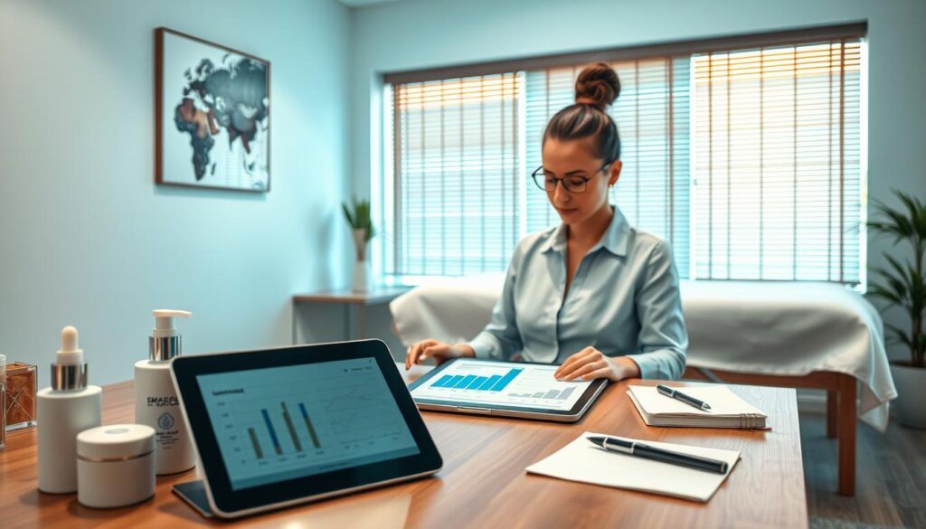 A serene and professional massage therapy office environment, featuring a massage therapist in business casual attire analyzing performance metrics on a laptop. In the foreground, a well-organized desk displays skincare products, a digital tablet showing charts, and a notepad with notes. In the middle, the therapist focuses on the screen, surrounded by calming colors and soft lighting emphasizing a relaxing atmosphere. In the background, a massage table is set up neatly with natural light filtering through a window adorned with blinds, enhancing the tranquil vibe. The overall scene conveys a sense of professionalism, mindfulness, and data-driven success in the massage therapy industry, with a soft depth of field effect to create focus on the subject and workspace. A serene and professional massage therapy office environment, featuring a massage therapist in business casual attire analyzing performance metrics on a laptop. In the foreground, a well-organized desk displays skincare products, a digital tablet showing charts, and a notepad with notes. In the middle, the therapist focuses on the screen, surrounded by calming colors and soft lighting emphasizing a relaxing atmosphere. In the background, a massage table is set up neatly with natural light filtering through a window adorned with blinds, enhancing the tranquil vibe. The overall scene conveys a sense of professionalism, mindfulness, and data-driven success in the massage therapy industry, with a soft depth of field effect to create focus on the subject and workspace.