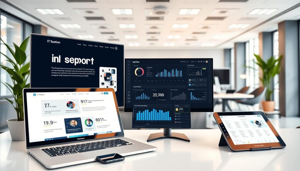 A sleek and modern IT support website design displayed on multiple computer screens in a professional office setting. The foreground features a close-up of a well-organized desktop with a stylish laptop, smartphone, and a digital tablet showing various sections of the website, including service offerings and performance metrics. In the middle, a large monitor displays a dynamic dashboard with graphs and technical infrastructure diagrams. The background features a contemporary office ambiance with soft diffused lighting, sleek furniture, and green plants that add a sense of calm. The angle emphasizes a wide view of the workspace, conveying a mood of efficiency and professionalism. The atmosphere is bright and inviting, reflecting a cutting-edge IT support service focused on infrastructure and performance. A sleek and modern IT support website design displayed on multiple computer screens in a professional office setting. The foreground features a close-up of a well-organized desktop with a stylish laptop, smartphone, and a digital tablet showing various sections of the website, including service offerings and performance metrics. In the middle, a large monitor displays a dynamic dashboard with graphs and technical infrastructure diagrams. The background features a contemporary office ambiance with soft diffused lighting, sleek furniture, and green plants that add a sense of calm. The angle emphasizes a wide view of the workspace, conveying a mood of efficiency and professionalism. The atmosphere is bright and inviting, reflecting a cutting-edge IT support service focused on infrastructure and performance.