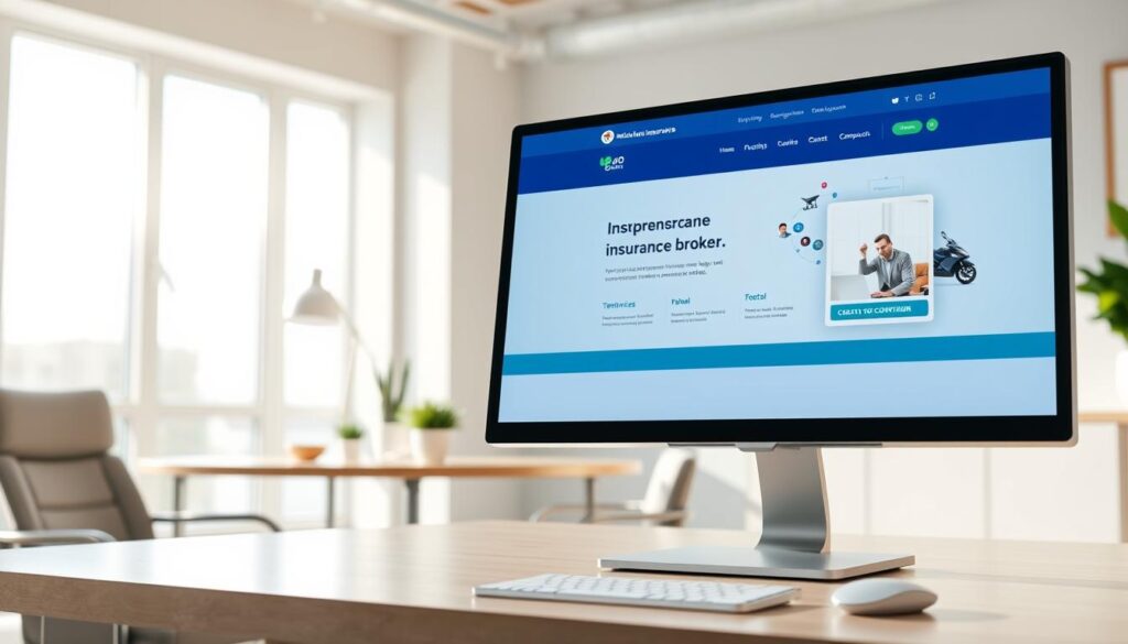 A sleek and modern insurance broker website interface is displayed on a computer screen in a bright, professional office setting. In the foreground, the computer monitor features a visually appealing homepage design, showcasing a clean layout with sections for services, testimonials, and a contact form. The color palette is calming, with blues and greens, symbolizing trust and reliability. In the middle, an elegant desk with minimalistic design elements—such as a stylish lamp and a few potted plants—adds a touch of sophistication. In the background, a large window reveals a sunny day, providing natural light that brightens the space. The overall atmosphere is inviting and professional, reflecting a strong visual branding that appeals to clients seeking insurance services. The image captures a sense of clarity and trustworthiness essential for a broker's website design.
