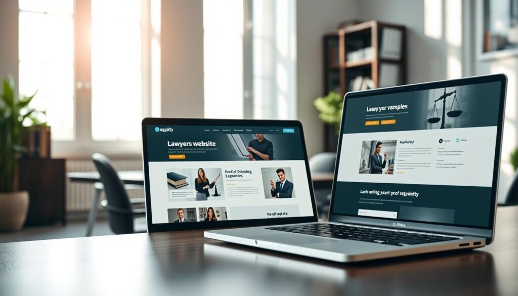A sleek and modern legal services website interface displayed on a computer screen in a well-lit office environment. In the foreground, a laptop with a clean, user-friendly design showcases examples of lawyer websites, featuring professional layouts with navigation bars, practice area icons, and high-quality imagery. The middle ground reveals a stylish office desk with legal books, a notepad, and a decorative plant, adding a touch of sophistication. The background features a bright window with natural light pouring in, casting soft shadows across the room. The atmosphere is calm and professional, evoking trust and reliability, suitable for a legal services context. The overall color scheme should be muted and elegant, enhancing the professional tone of the image. A sleek and modern legal services website interface displayed on a computer screen in a well-lit office environment. In the foreground, a laptop with a clean, user-friendly design showcases examples of lawyer websites, featuring professional layouts with navigation bars, practice area icons, and high-quality imagery. The middle ground reveals a stylish office desk with legal books, a notepad, and a decorative plant, adding a touch of sophistication. The background features a bright window with natural light pouring in, casting soft shadows across the room. The atmosphere is calm and professional, evoking trust and reliability, suitable for a legal services context. The overall color scheme should be muted and elegant, enhancing the professional tone of the image.