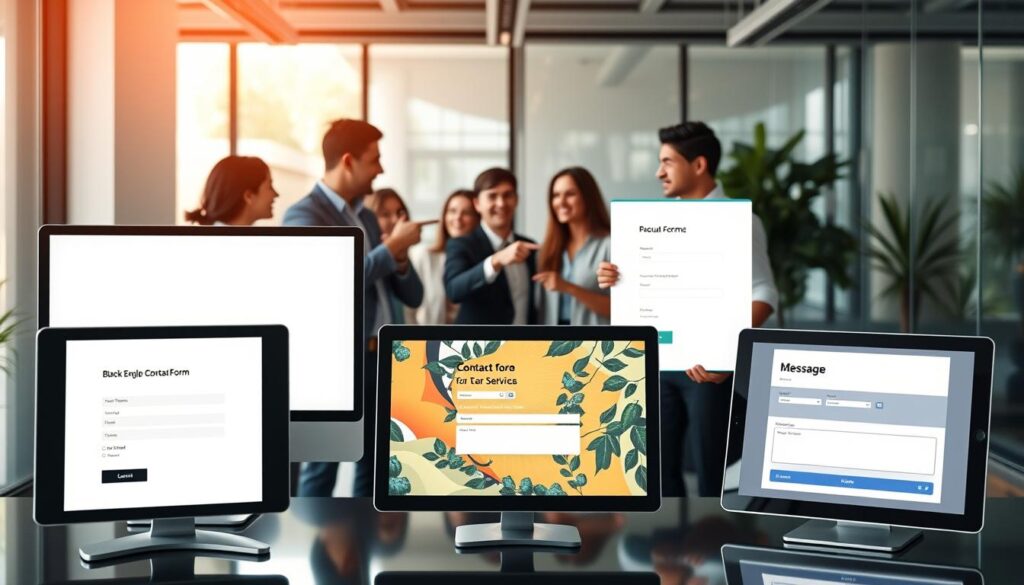 A sleek and modern office environment featuring a variety of contact form templates displayed on stylish computers and tablets. In the foreground, three distinct contact forms showcase different designs: one minimalist with bold fields and clear buttons, another vibrant with engaging visuals, and a third with a professional look featuring fields for name, email, and message. In the middle ground, a group of diverse individuals, dressed in smart casual and professional attire, engage in discussion, pointing at the screens with focus and enthusiasm. The background displays a large window letting in soft natural light, creating a warm and inviting atmosphere. The image should evoke a sense of professionalism, creativity, and collaboration, with a clean and organized layout that clearly emphasizes the contact forms. A sleek and modern office environment featuring a variety of contact form templates displayed on stylish computers and tablets. In the foreground, three distinct contact forms showcase different designs: one minimalist with bold fields and clear buttons, another vibrant with engaging visuals, and a third with a professional look featuring fields for name, email, and message. In the middle ground, a group of diverse individuals, dressed in smart casual and professional attire, engage in discussion, pointing at the screens with focus and enthusiasm. The background displays a large window letting in soft natural light, creating a warm and inviting atmosphere. The image should evoke a sense of professionalism, creativity, and collaboration, with a clean and organized layout that clearly emphasizes the contact forms.
