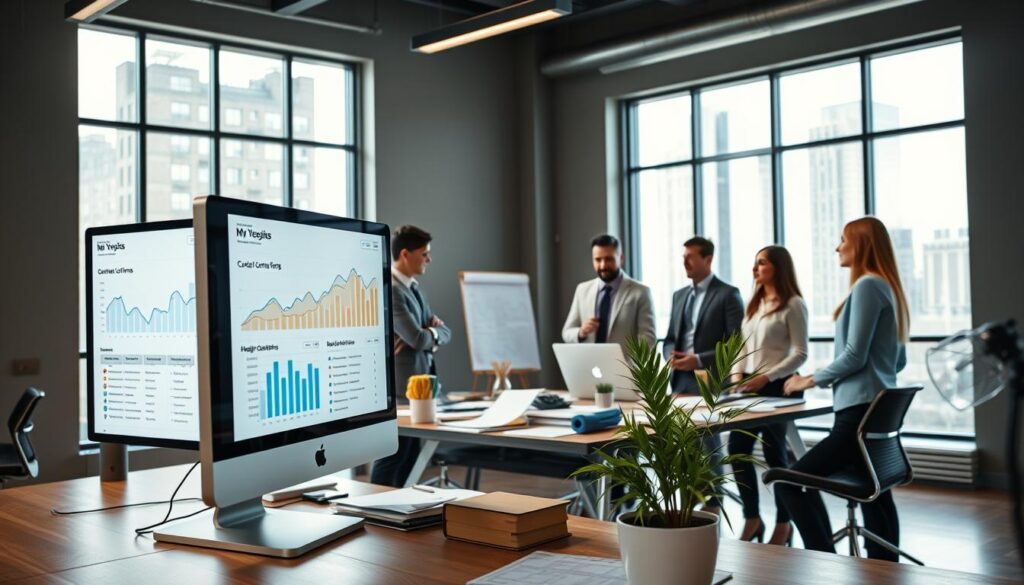 A sleek and modern office environment showcasing a computer screen displaying website analytics with high conversion rates. In the foreground, a diverse group of professionals in business attire, engaged in a discussion about optimizing website contact forms, illustrating teamwork and innovation. The middle ground features a stylish desk cluttered with design mockups, charts, and digital marketing tools, with a plant adding a touch of greenery. In the background, large windows let in bright, natural light, enhancing the atmosphere of productivity. The scene captures a mood of motivation and collaboration, with a clear emphasis on simplicity and effectiveness in communication strategies. The camera angle is slightly elevated, providing a comprehensive view of the workspace dynamics. A sleek and modern office environment showcasing a computer screen displaying website analytics with high conversion rates. In the foreground, a diverse group of professionals in business attire, engaged in a discussion about optimizing website contact forms, illustrating teamwork and innovation. The middle ground features a stylish desk cluttered with design mockups, charts, and digital marketing tools, with a plant adding a touch of greenery. In the background, large windows let in bright, natural light, enhancing the atmosphere of productivity. The scene captures a mood of motivation and collaboration, with a clear emphasis on simplicity and effectiveness in communication strategies. The camera angle is slightly elevated, providing a comprehensive view of the workspace dynamics.