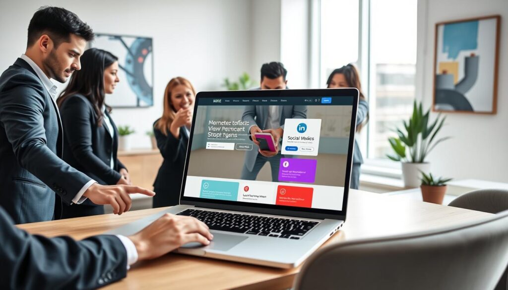 A sleek and modern website design on a large laptop screen, set in a bright, contemporary office environment. In the foreground, a diverse group of professionals, dressed in smart business attire, are actively collaborating around the laptop, pointing at the website layout showcasing vibrant social media icons and lead generation forms. In the middle ground, minimalistic office decor complements the scene, with potted plants and abstract art on the walls, suggesting an innovative atmosphere. The background shows a large window with natural light flooding in, enhancing the inviting mood. The image is captured from a slightly elevated angle for a dynamic perspective, with a soft focus on the professionals to keep the emphasis on the website design and its functionalities. A sleek and modern website design on a large laptop screen, set in a bright, contemporary office environment. In the foreground, a diverse group of professionals, dressed in smart business attire, are actively collaborating around the laptop, pointing at the website layout showcasing vibrant social media icons and lead generation forms. In the middle ground, minimalistic office decor complements the scene, with potted plants and abstract art on the walls, suggesting an innovative atmosphere. The background shows a large window with natural light flooding in, enhancing the inviting mood. The image is captured from a slightly elevated angle for a dynamic perspective, with a soft focus on the professionals to keep the emphasis on the website design and its functionalities.