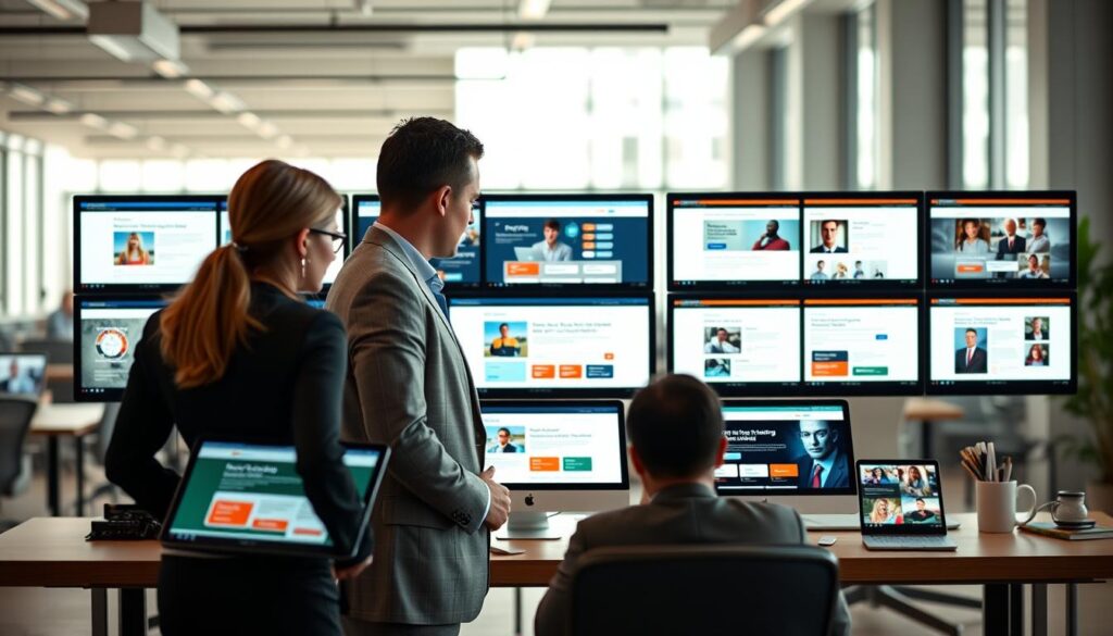 A sleek and modern workspace showcasing a variety of top business coaching website designs on large computer screens and tablets. In the foreground, two professionals in business attire engage in a discussion, analyzing the different website layouts with a focus on effective call-to-action placements. The middle section features vibrant, user-friendly website interfaces displayed prominently on the screens, with attention to visual elements like prominent buttons and enticing headlines. The background includes blurred images of a bright, open office environment with large windows letting in natural light, enhancing the professional atmosphere. The overall mood is inspiring and collaborative, emphasizing innovation in business coaching. Use soft daylight settings to create a warm and inviting ambiance. A sleek and modern workspace showcasing a variety of top business coaching website designs on large computer screens and tablets. In the foreground, two professionals in business attire engage in a discussion, analyzing the different website layouts with a focus on effective call-to-action placements. The middle section features vibrant, user-friendly website interfaces displayed prominently on the screens, with attention to visual elements like prominent buttons and enticing headlines. The background includes blurred images of a bright, open office environment with large windows letting in natural light, enhancing the professional atmosphere. The overall mood is inspiring and collaborative, emphasizing innovation in business coaching. Use soft daylight settings to create a warm and inviting ambiance.