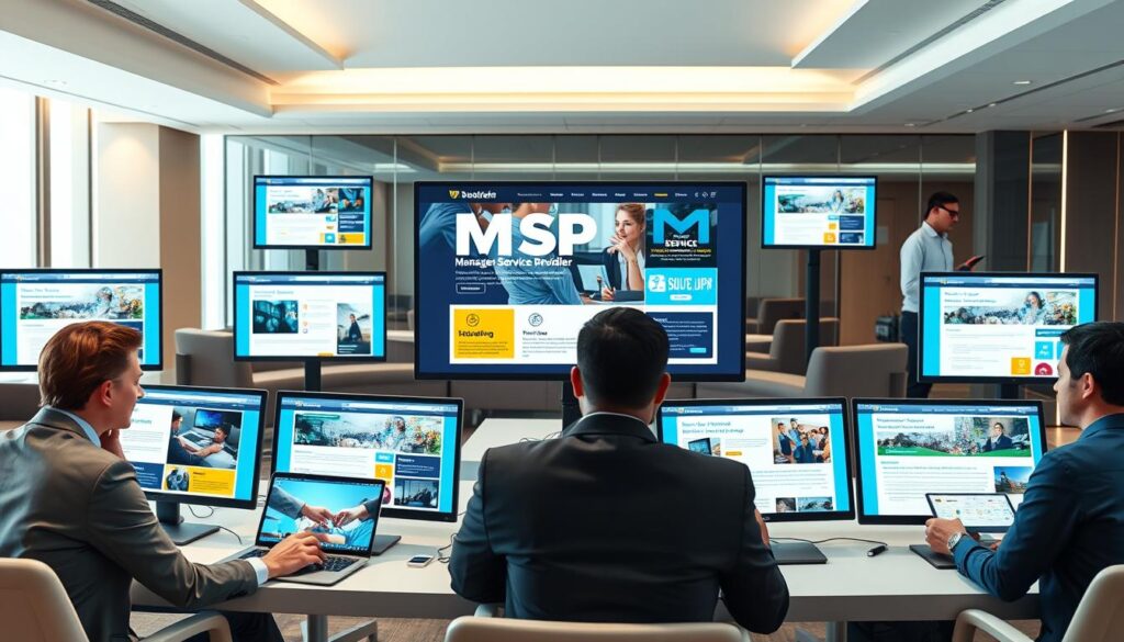 A sleek digital workspace showcasing several well-designed managed service provider websites on modern computer screens. In the foreground, a diverse group of professionals in business attire focused on analyzing the websites, with laptops and tablets open, displaying various service offerings and designs. The middle layer features a large central monitor displaying a vibrant and modern MSP website interface, filled with appealing graphics and service information. In the background, a contemporary office setting with soft lighting and stylish furniture to enhance the professional atmosphere. The overall mood is one of innovation and collaboration, with a bright and inviting color scheme, emphasizing technology and service excellence. A sleek digital workspace showcasing several well-designed managed service provider websites on modern computer screens. In the foreground, a diverse group of professionals in business attire focused on analyzing the websites, with laptops and tablets open, displaying various service offerings and designs. The middle layer features a large central monitor displaying a vibrant and modern MSP website interface, filled with appealing graphics and service information. In the background, a contemporary office setting with soft lighting and stylish furniture to enhance the professional atmosphere. The overall mood is one of innovation and collaboration, with a bright and inviting color scheme, emphasizing technology and service excellence.