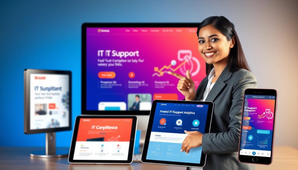 A sleek, modern IT support website interface displayed on multiple devices including a desktop computer, tablet, and smartphone. The foreground showcases a confident IT consultant, a South Asian woman in professional business attire, pointing at the screen, highlighting analytics and user engagement metrics. In the middle ground, the website features vibrant colors and clear navigation elements, with icons representing various IT services like troubleshooting, cybersecurity, and software installation. The background fades into a subtle gradient of blue tones, enhancing the tech-savvy atmosphere. Soft, diffused lighting creates a bright and inviting mood, while the perspective is slightly elevated, providing a clear view of the interface and the professional in action, embodying themes of conversion rate optimization and user experience. A sleek, modern IT support website interface displayed on multiple devices including a desktop computer, tablet, and smartphone. The foreground showcases a confident IT consultant, a South Asian woman in professional business attire, pointing at the screen, highlighting analytics and user engagement metrics. In the middle ground, the website features vibrant colors and clear navigation elements, with icons representing various IT services like troubleshooting, cybersecurity, and software installation. The background fades into a subtle gradient of blue tones, enhancing the tech-savvy atmosphere. Soft, diffused lighting creates a bright and inviting mood, while the perspective is slightly elevated, providing a clear view of the interface and the professional in action, embodying themes of conversion rate optimization and user experience.
