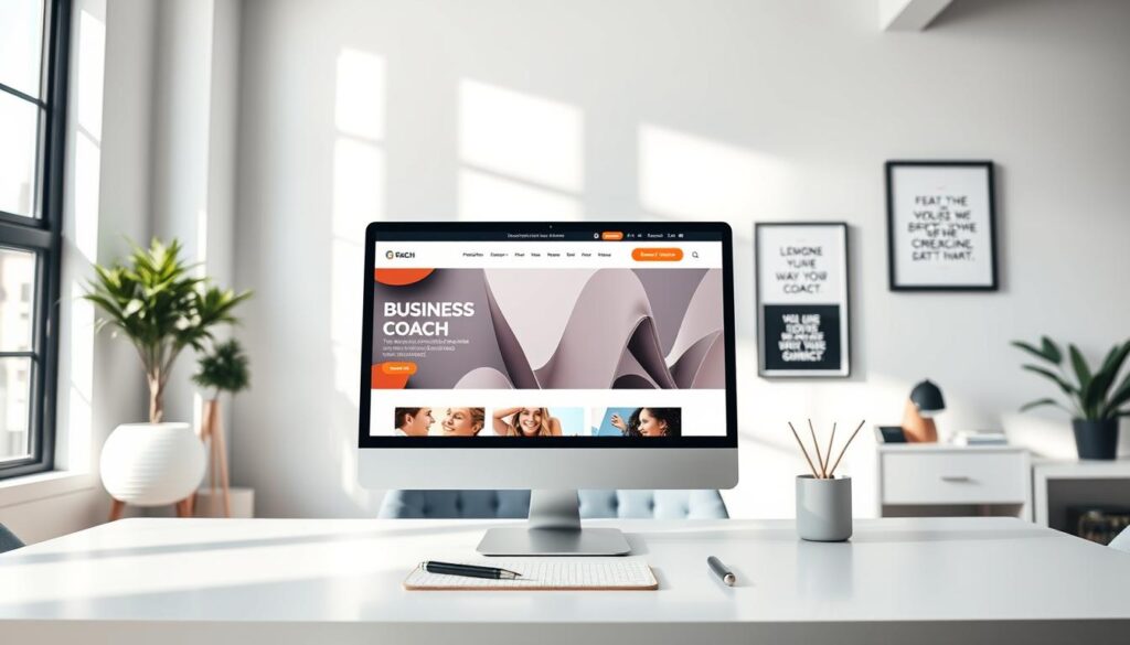 A sleek, modern business coach website design layout displayed in a clean, professional environment. The foreground features a computer screen showcasing a home page with vibrant visuals and organized sections for blog articles, testimonials, and services. The middle focuses on a stylish desk with contemporary decor, including a notepad, pen, and motivational quotes framed on the wall. The background depicts a well-lit office space with large windows letting in bright natural light, casting soft shadows. The atmosphere feels inspiring and motivating, aimed at fostering creativity and productivity. Use a wide-angle lens to capture the entire scene, emphasizing clarity and professionalism without any text overlays or distractions. A sleek, modern business coach website design layout displayed in a clean, professional environment. The foreground features a computer screen showcasing a home page with vibrant visuals and organized sections for blog articles, testimonials, and services. The middle focuses on a stylish desk with contemporary decor, including a notepad, pen, and motivational quotes framed on the wall. The background depicts a well-lit office space with large windows letting in bright natural light, casting soft shadows. The atmosphere feels inspiring and motivating, aimed at fostering creativity and productivity. Use a wide-angle lens to capture the entire scene, emphasizing clarity and professionalism without any text overlays or distractions.