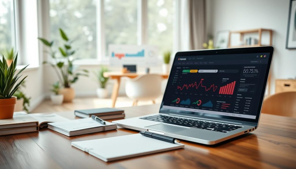 A sleek, modern financial planner website interface, prominently featuring a dashboard packed with data visuals like graphs and charts. In the foreground, show a professional-looking laptop on a stylish wooden desk, surrounded by financial books and a notepad with a pen. In the middle, a glowing laptop screen displays key SEO metrics, such as search rankings and website traffic analytics. In the background, a bright and airy home office with greenery, large windows letting in soft natural light, and a minimalist, organized aesthetic conveys professionalism and tranquility. The overall mood should project a sense of clarity and focus, inviting the viewer into the world of financial planning and digital strategy. Capture this scene from a slight angle to emphasize depth. A sleek, modern financial planner website interface, prominently featuring a dashboard packed with data visuals like graphs and charts. In the foreground, show a professional-looking laptop on a stylish wooden desk, surrounded by financial books and a notepad with a pen. In the middle, a glowing laptop screen displays key SEO metrics, such as search rankings and website traffic analytics. In the background, a bright and airy home office with greenery, large windows letting in soft natural light, and a minimalist, organized aesthetic conveys professionalism and tranquility. The overall mood should project a sense of clarity and focus, inviting the viewer into the world of financial planning and digital strategy. Capture this scene from a slight angle to emphasize depth.