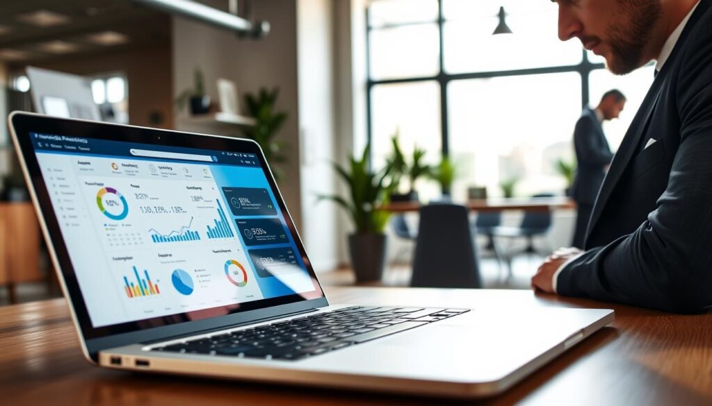 A sleek, modern financial planning website interface displayed on a high-resolution laptop screen, showcasing a user-friendly dashboard with interactive financial graphs, charts, and data visualization elements. In the foreground, a well-dressed financial planner, wearing a tailored suit, is analyzing the screen with focused attention, their reflection subtly shown on the glossy laptop surface. The middle ground features a stylish workspace with a minimalistic design, incorporating potted plants and natural light streaming in from a large window, creating an inviting atmosphere. The background includes blurred silhouettes of an office environment, emphasizing professionalism and modernity. Soft, diffused lighting enhances the tech-savvy and approachable mood of the scene, captured from a slightly elevated angle.