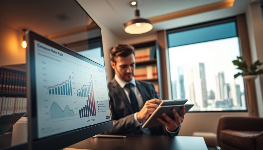 A sleek, modern lawyer website interface displaying enhanced conversion rate metrics. In the foreground, a close-up of a computer screen showcases detailed graphs and statistics, with upward arrows symbolizing growth and success. The middle ground features a professional lawyer in business attire, intently analyzing data on a tablet, under warm, inviting office lighting. The background includes a stylish office environment with a bookshelf filled with legal books and a window revealing a cityscape, conveying a sense of credibility and professionalism. The overall mood is optimistic and forward-looking, emphasizing innovation in legal practice and client engagement. The composition utilizes a balanced perspective with a slight focus on the computer screen, framed for clarity. A sleek, modern lawyer website interface displaying enhanced conversion rate metrics. In the foreground, a close-up of a computer screen showcases detailed graphs and statistics, with upward arrows symbolizing growth and success. The middle ground features a professional lawyer in business attire, intently analyzing data on a tablet, under warm, inviting office lighting. The background includes a stylish office environment with a bookshelf filled with legal books and a window revealing a cityscape, conveying a sense of credibility and professionalism. The overall mood is optimistic and forward-looking, emphasizing innovation in legal practice and client engagement. The composition utilizes a balanced perspective with a slight focus on the computer screen, framed for clarity.