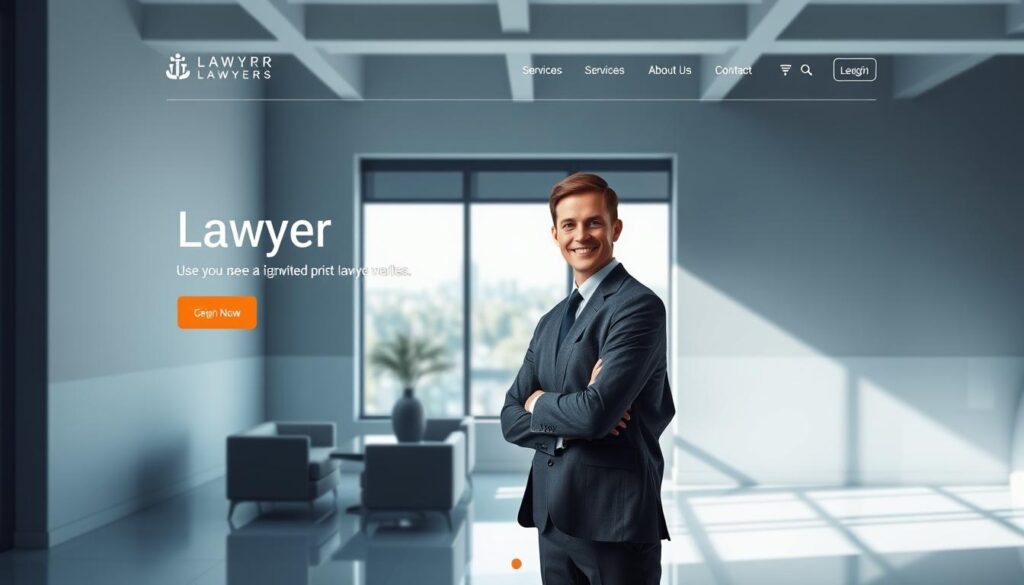 A sleek, modern lawyer website layout featuring a clean and intuitive design. In the foreground, a polished header displays a logo and navigation menu, with sections like "Services", "About Us", and "Contact" clearly laid out. The middle area showcases a large hero image of a confident lawyer in professional business attire, standing in a contemporary office setting, with minimalistic furniture and large windows letting in natural light. The background includes subtle geometric patterns, giving a sense of structure and stability. The overall color scheme consists of calming blues and grays, evoking professionalism and trust. Soft lighting creates a welcoming atmosphere, with shadows adding depth. The camera angle is slightly tilted down to showcase the design elements effectively. A sleek, modern lawyer website layout featuring a clean and intuitive design. In the foreground, a polished header displays a logo and navigation menu, with sections like "Services", "About Us", and "Contact" clearly laid out. The middle area showcases a large hero image of a confident lawyer in professional business attire, standing in a contemporary office setting, with minimalistic furniture and large windows letting in natural light. The background includes subtle geometric patterns, giving a sense of structure and stability. The overall color scheme consists of calming blues and grays, evoking professionalism and trust. Soft lighting creates a welcoming atmosphere, with shadows adding depth. The camera angle is slightly tilted down to showcase the design elements effectively.