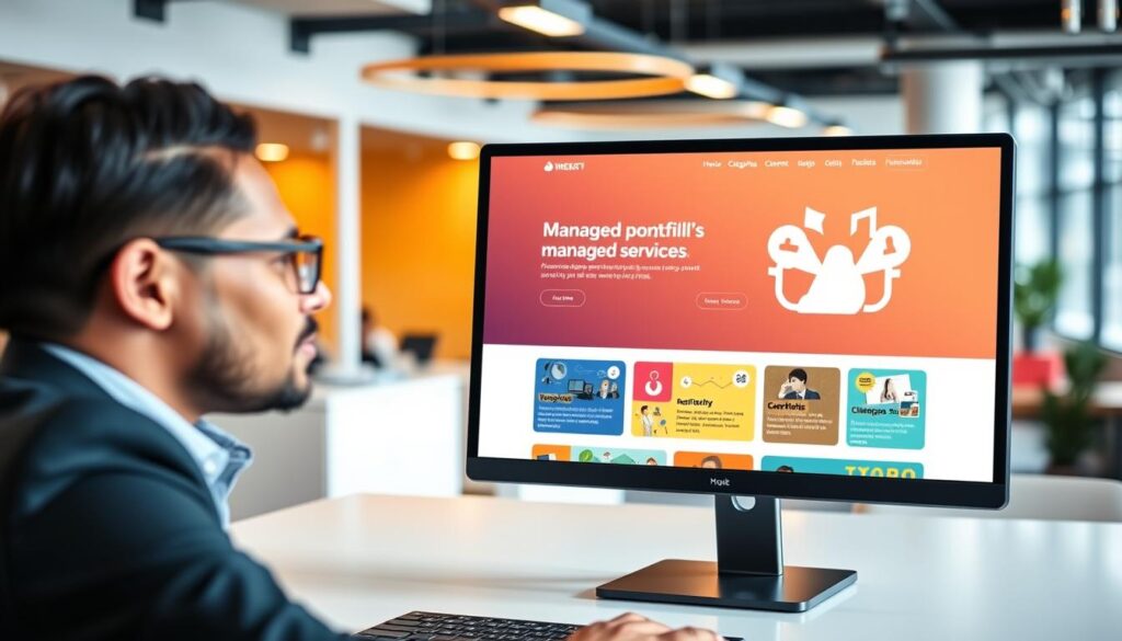 A sleek, modern managed services website layout showcased on a computer screen in an office setting. The foreground features a business professional in business attire, attentively viewing the website, with an expression of focus and inspiration. The middle area displays the website's colorful, user-friendly interface, highlighting service categories, case studies, and client testimonials with visually engaging graphics. In the background, blurred elements of an open office with soft lighting and contemporary decor suggest a productive work environment. The overall atmosphere is professional and inviting, with a balanced composition, natural lighting, and a slight depth of field to emphasize the website's portfolio in action. A sleek, modern managed services website layout showcased on a computer screen in an office setting. The foreground features a business professional in business attire, attentively viewing the website, with an expression of focus and inspiration. The middle area displays the website's colorful, user-friendly interface, highlighting service categories, case studies, and client testimonials with visually engaging graphics. In the background, blurred elements of an open office with soft lighting and contemporary decor suggest a productive work environment. The overall atmosphere is professional and inviting, with a balanced composition, natural lighting, and a slight depth of field to emphasize the website's portfolio in action.