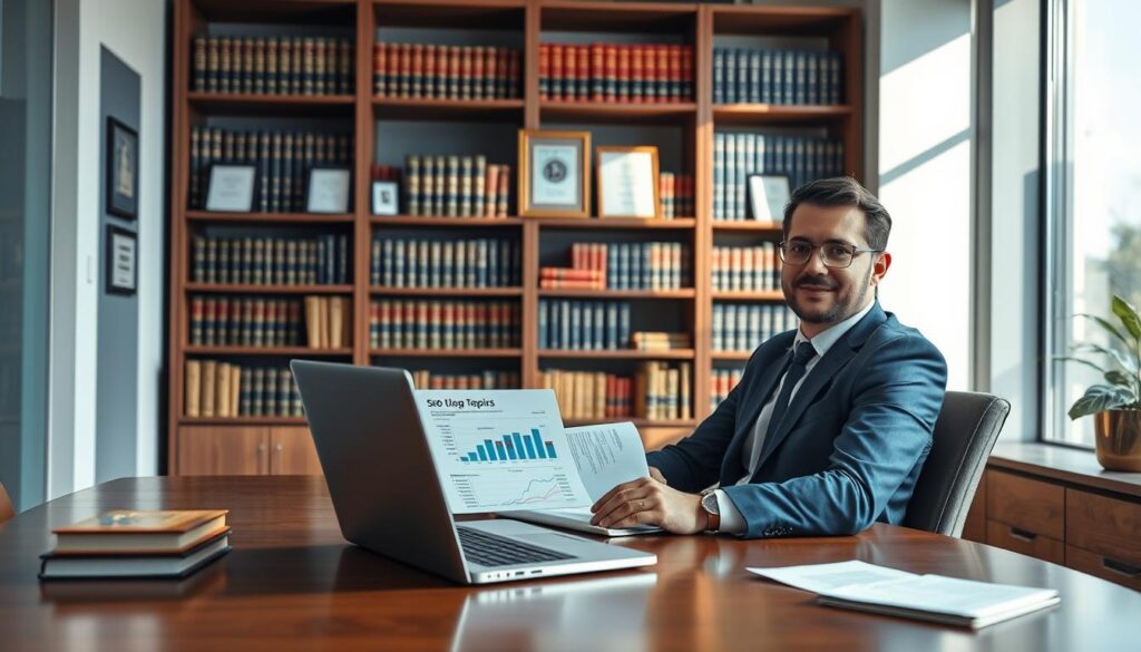 A sleek, modern office environment filled with legal books and documents. In the foreground, a confident lawyer in professional business attire is brainstorming blog topics, seated at a polished wooden desk, with a laptop open displaying SEO analytics. The middle ground features shelves filled with law books and framed awards, conveying expertise and success. In the background, a large window lets in soft natural light, casting gentle shadows and illuminating the room. The atmosphere is focused and intellectual. The scene captures the essence of the legal industry, emphasizing the importance of content creation and SEO strategies for lawyers. The focus is clear, without any distractions, ensuring a professional depiction of the legal blogging landscape. A sleek, modern office environment filled with legal books and documents. In the foreground, a confident lawyer in professional business attire is brainstorming blog topics, seated at a polished wooden desk, with a laptop open displaying SEO analytics. The middle ground features shelves filled with law books and framed awards, conveying expertise and success. In the background, a large window lets in soft natural light, casting gentle shadows and illuminating the room. The atmosphere is focused and intellectual. The scene captures the essence of the legal industry, emphasizing the importance of content creation and SEO strategies for lawyers. The focus is clear, without any distractions, ensuring a professional depiction of the legal blogging landscape.